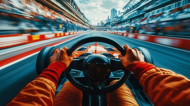 Race car driver driving fast on blurred racetrack