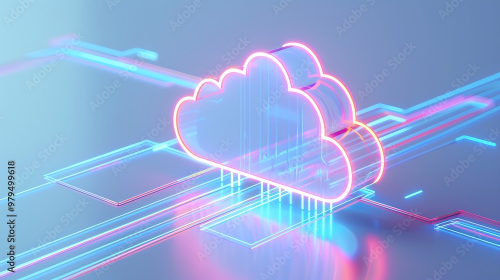 Poster futuristic cloud technology illustration with neon lights and digital connections, representing data