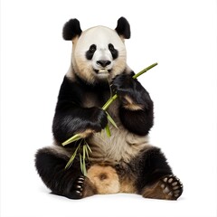 Fototapeta premium Full-Body Shot of a Panda Sitting Upright, Holding Bamboo with Both Paws