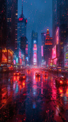 Fototapeta premium Rainy neon-lit city street at night 