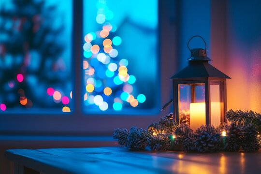 Festive christmas scene with lantern and garland on wooden table, blue lights and blurred tree