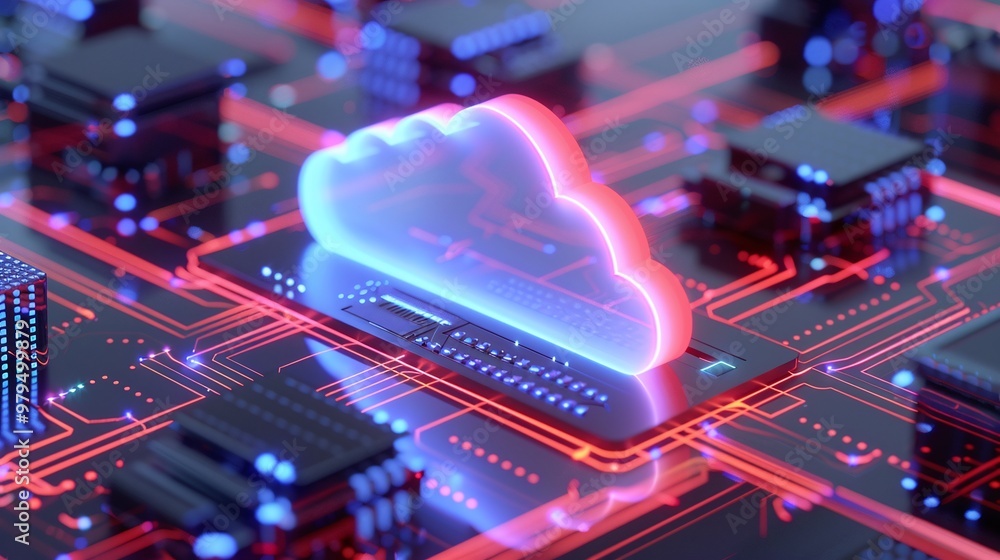 Poster futuristic cloud technology integrating with digital circuits, symbolizing advanced data storage and
