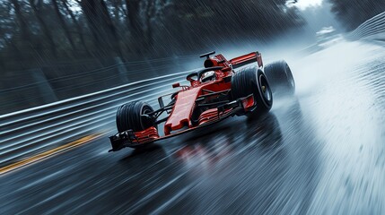 Red formula one car speeding on wet track during heavy rain
