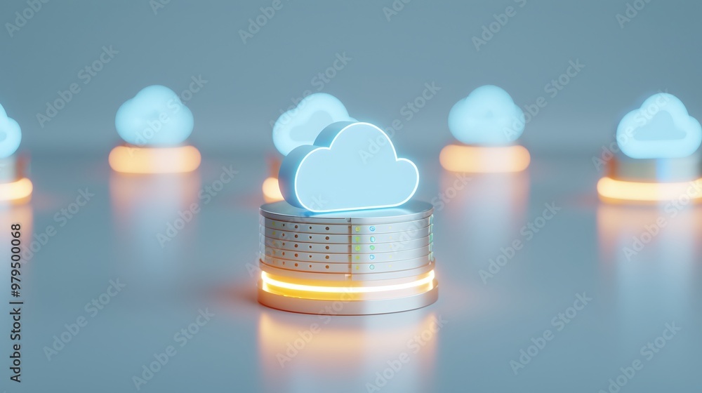 Poster futuristic cloud technology representing data storage and management with glowing elements and minim
