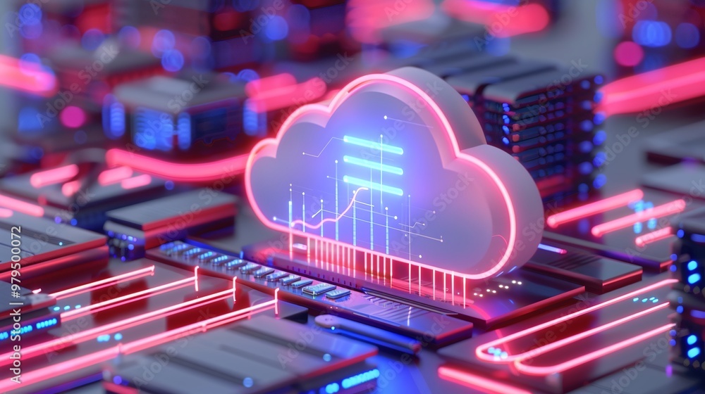 Poster futuristic cloud technology visualization with neon lights representing data storage and digital net