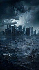 Obraz premium Submerged city skyline with rising sea levels