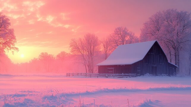 Serene Winter Sunrise: Snow-Covered Barn in Rural Landscape captured with Nikon Z7 II