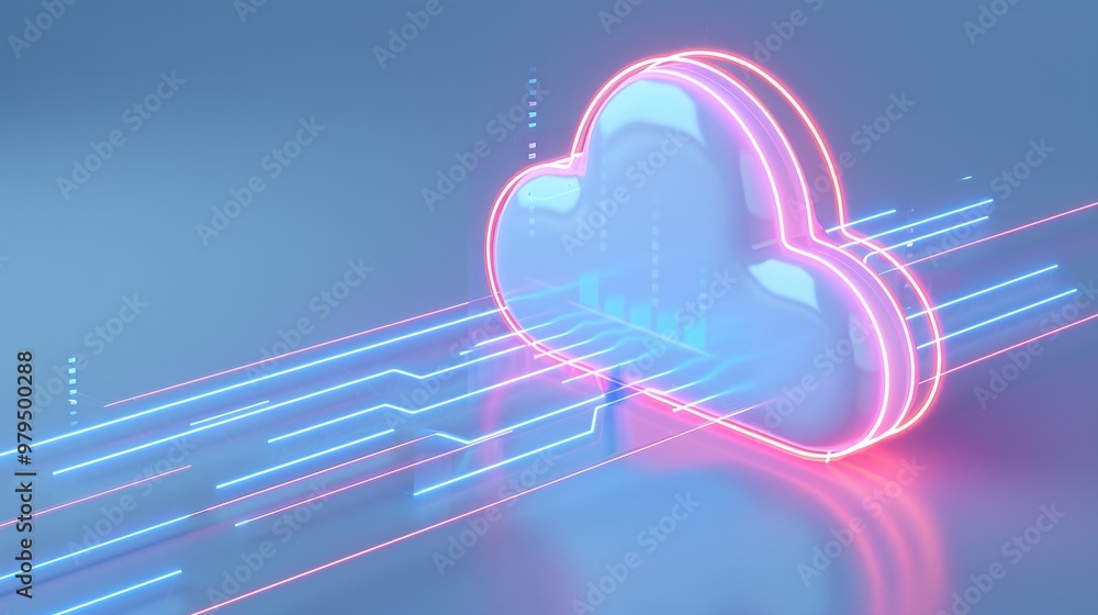 Poster futuristic cloud technology with neon lights and digital connections representing data transfer and 