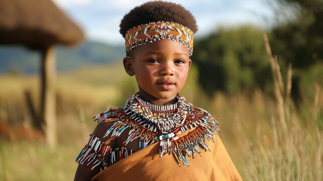 Vibrant Zulu Culture: South African Child in Traditional Attire Amidst Rural Serenity