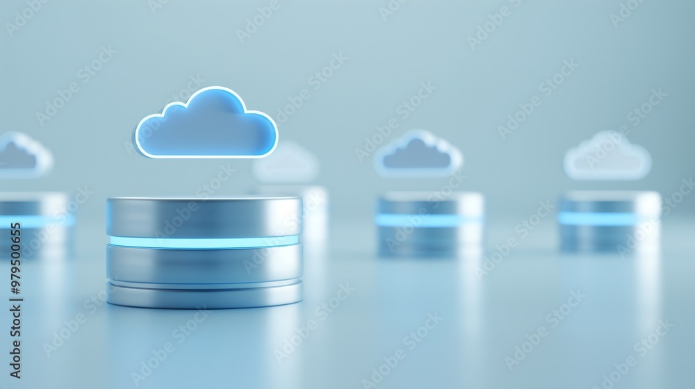 Poster futuristic data storage concept with cloud symbols above modern servers, representing cloud computin