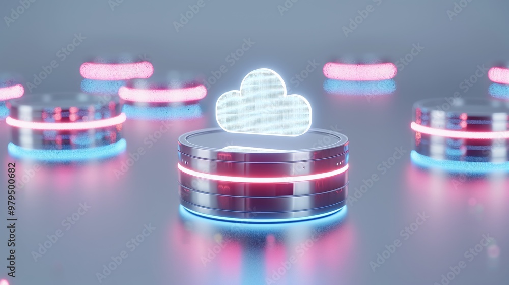 Poster futuristic data storage concept with glowing cloud icon above layered disks, symbolizing cloud techn