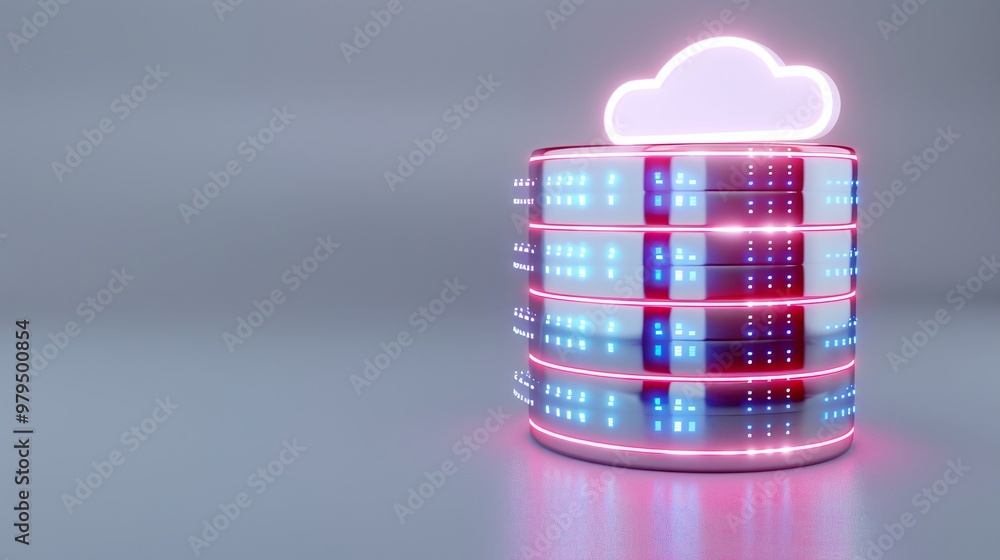 Poster futuristic data storage with glowing servers and a cloud symbol, representing modern technology and 
