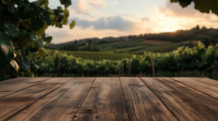 Fototapeta premium In the background, there is a blurred French vineyard with an empty wooden table used for product display.