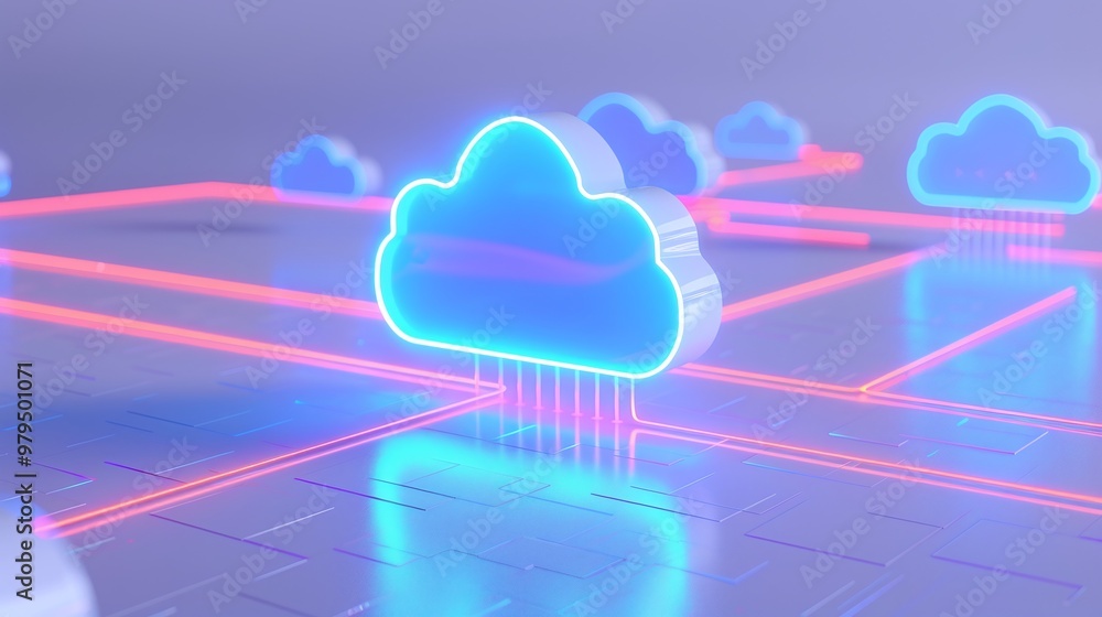 Poster futuristic digital cloud computing concept with neon lights and data streams, symbolizing online sto