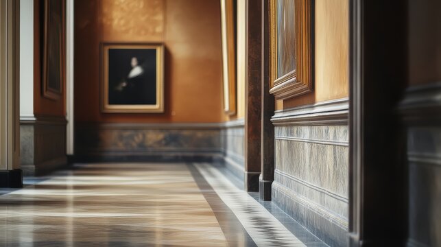 Wandering through a charming hallway adorned with exquisite paintings and warm light