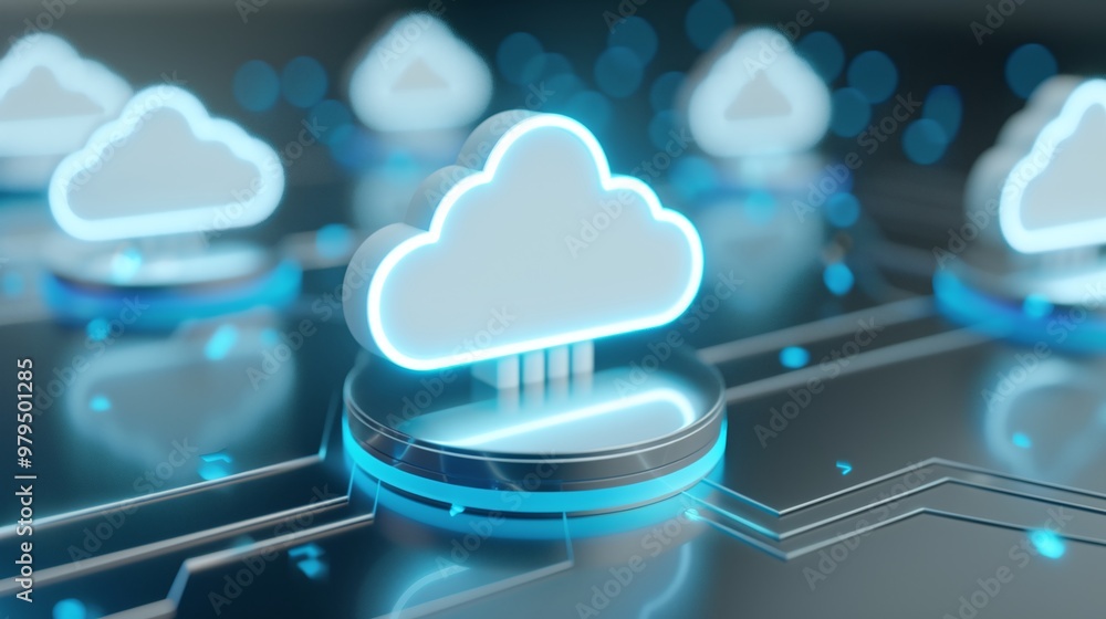 Poster futuristic digital cloud icons symbolize data storage and connectivity in a modern tech environment.