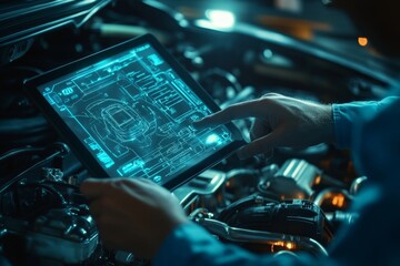 Futuristic mechanic using holographic tablet to scan car engine for innovative auto repair solutions