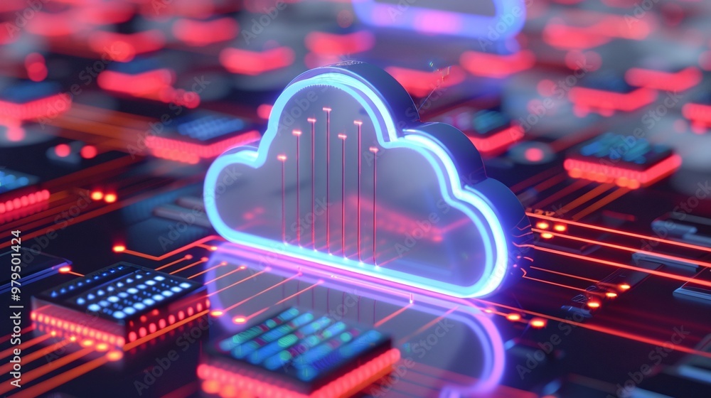 Poster futuristic digital cloud symbol on a circuit board, representing advanced technology and cloud compu