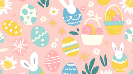 Easter 2D Vector Pattern elements Easter theme featuring repeating elements like Easter eggs bunnies flowers and baskets