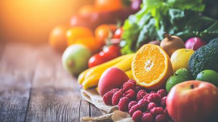 Close-up of vibrant fresh fruits and vegetables arranged in a balanced layout on a wooden table, symbolizing healthy gut nutrition and natural wellness.