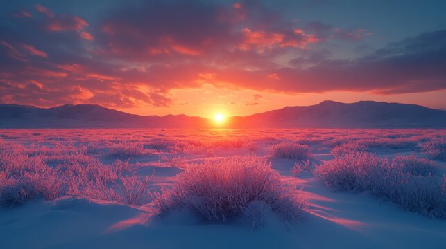 Majestic Winter Scene: Snow-Covered Landscape at Sunset with Distant Mountains, Captured with Nikon Z7 II