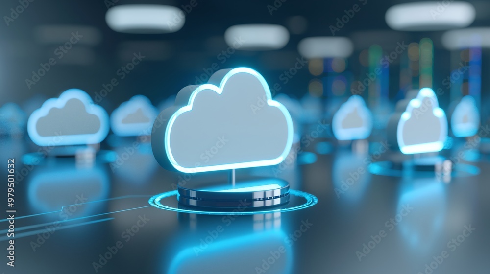 Poster futuristic digital cloud symbols representing data storage and technology in a modern setting with g