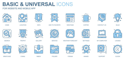 Basic and universal web icons set in duotone line design. Pack of home, location, info, add to favorite, webpage, coffee, contact, search, gallery, other outline stroke pictograms. Vector illustration