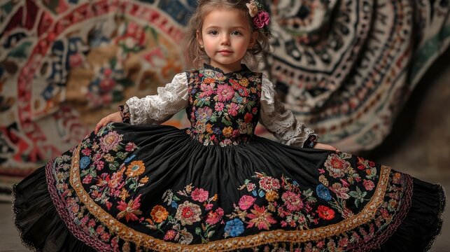 Vibrant Hungarian Girl in Matyo Embroidered Dress with Floral Patterns in Full-Body Pose