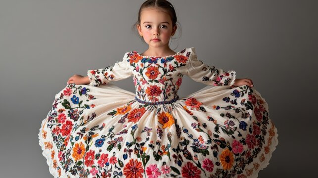 Traditional Hungarian Child in Matyo Embroidered Dress with Vibrant Floral Patterns Standing in Full-Body Pose