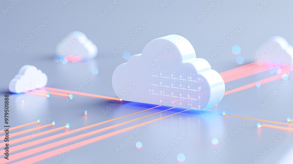 Poster futuristic digital clouds represent cloud computing with glowing data streams, showcasing modern tec