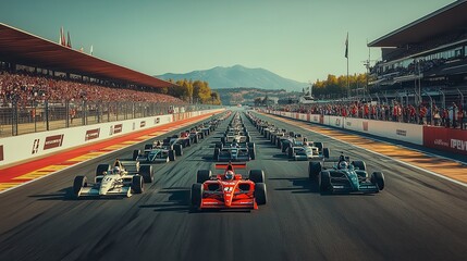Obraz premium Formula one race cars lining up at starting grid of race track