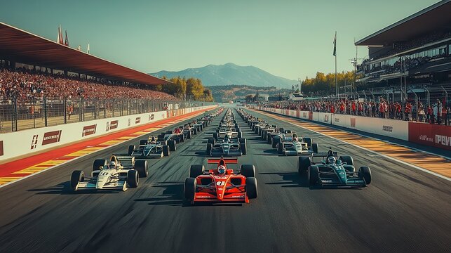 Formula one race cars lining up at starting grid of race track