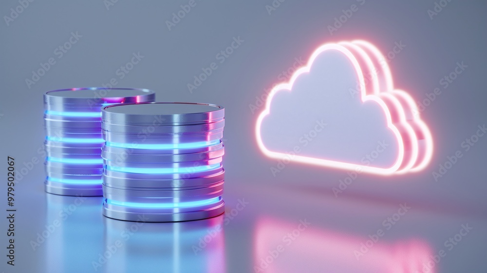 Poster futuristic digital storage with glowing data stacks and cloud icon, representing modern cloud comput