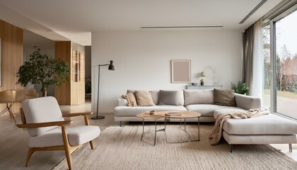 Modern living room minimalism with neutral tones and natural light