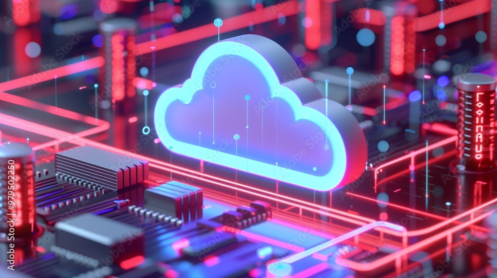 Poster futuristic illustration of a cloud symbol on a vibrant circuit board, representing cloud computing a