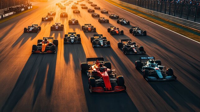 Formula 1 racing cars preparing for start of race at sunset