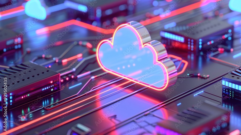 Poster futuristic illustration of a glowing cloud symbol over a network of servers, representing cloud tech