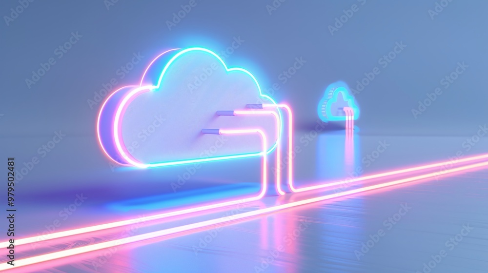 Poster futuristic neon cloud connected by bright lines, representing digital technology and cloud computing