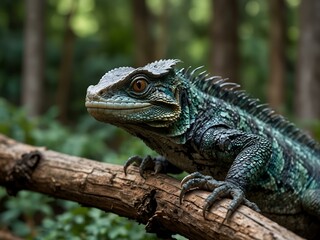 Basilisk ready to attack on an old wooden branch.