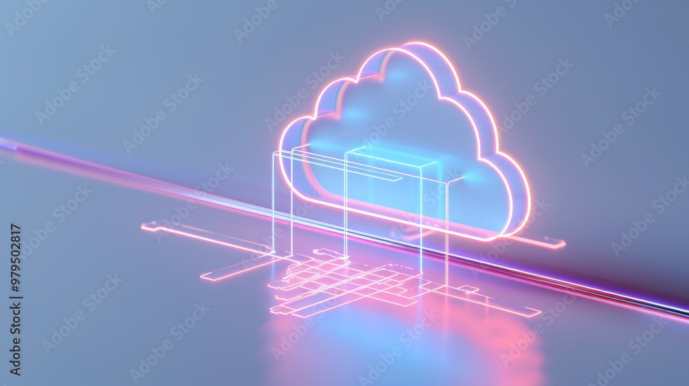 Poster futuristic neon cloud icon signifying cloud technology and digital storage on a subtle gradient back