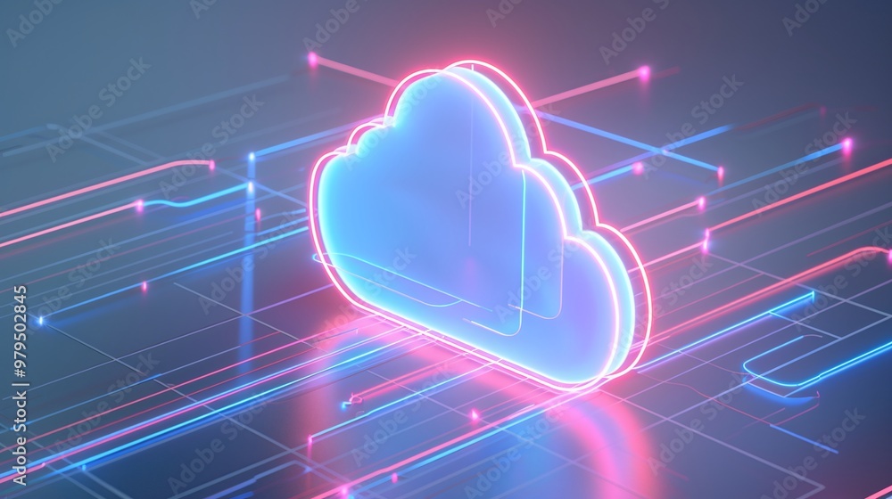 Poster futuristic neon cloud icon surrounded by glowing data streams, symbolizing cloud computing and digit
