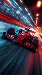 Obraz premium Red formula one car speeding in city at night