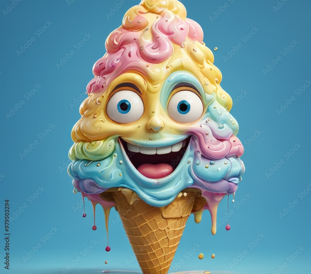 Poster a vibrant ice cream cone with a cheerful face, featuring rainbow swirls and dripping details. the fu
