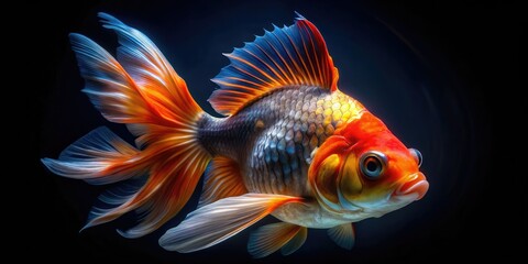 Fototapeta premium dramatic bold colors intense close-up shot majestic lionhead goldfish amidst stark dark background shallow depth of field bold high contrast lighting