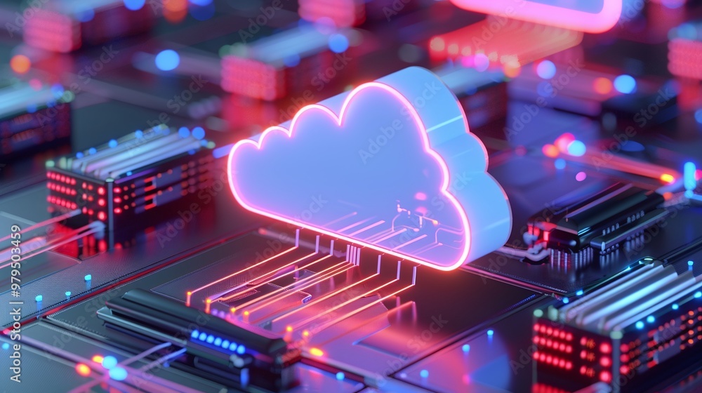 Poster high-tech cloud computing illustration with vibrant neon lights and digital circuit design on a futu