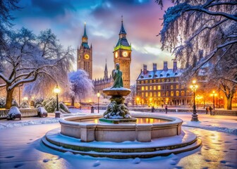 Obraz premium serene winter wonderland at Parliament Square with snow-covered statues, frozen fountain, and vibrant pops of color