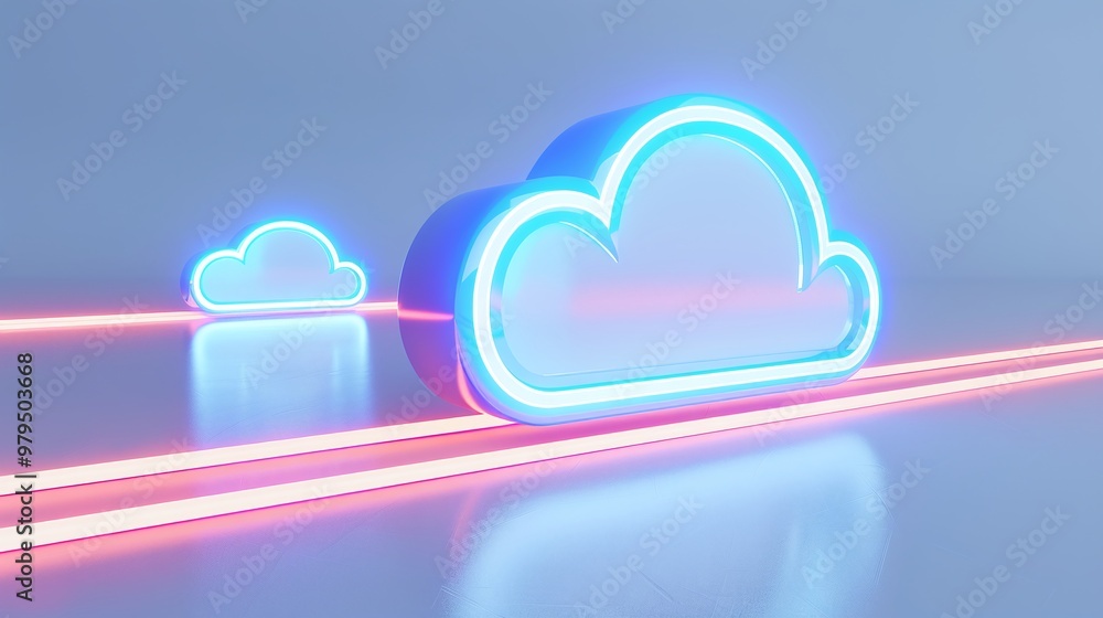 Poster illuminated digital cloud design with neon colors and lines, symbolizing modern technology and data 