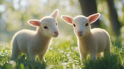 Obraz premium Adorable Lambs in a Field