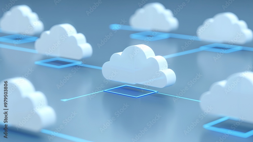 Poster illustration of cloud computing network with interconnected clouds and glowing lines on a blue backg