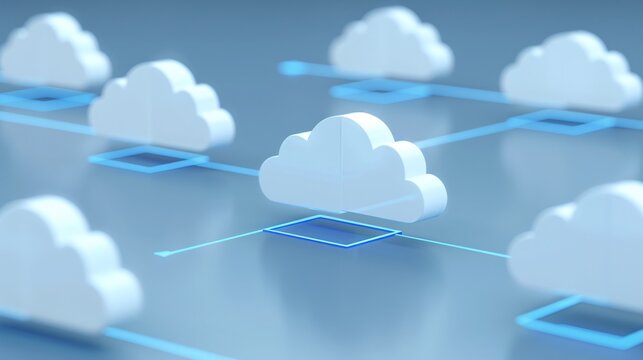 Illustration of cloud computing network with interconnected clouds and glowing lines on a blue background.